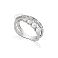 Anel Exquisite Prateado c/ Zircónias e Pérolas 4mm