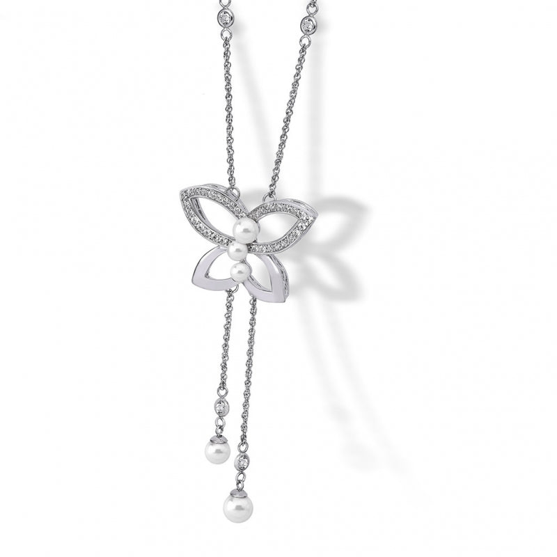Colar Mariposa Prateado c/ Zircónias e Pérolas 6/8mm